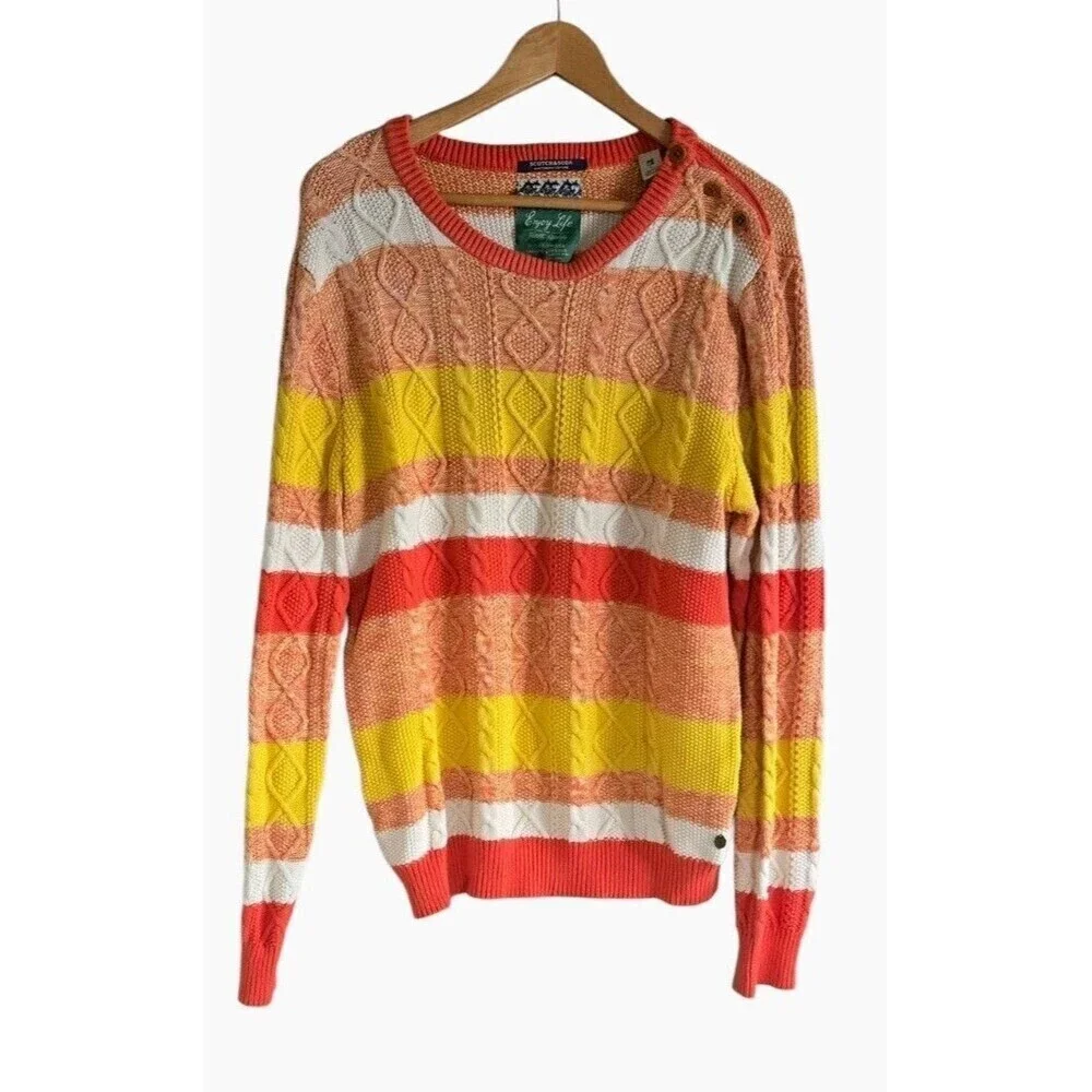 Scoth & Soda Men Jumper Sweater Orange Striped Cable-Knit Crew Neck Cotton Large